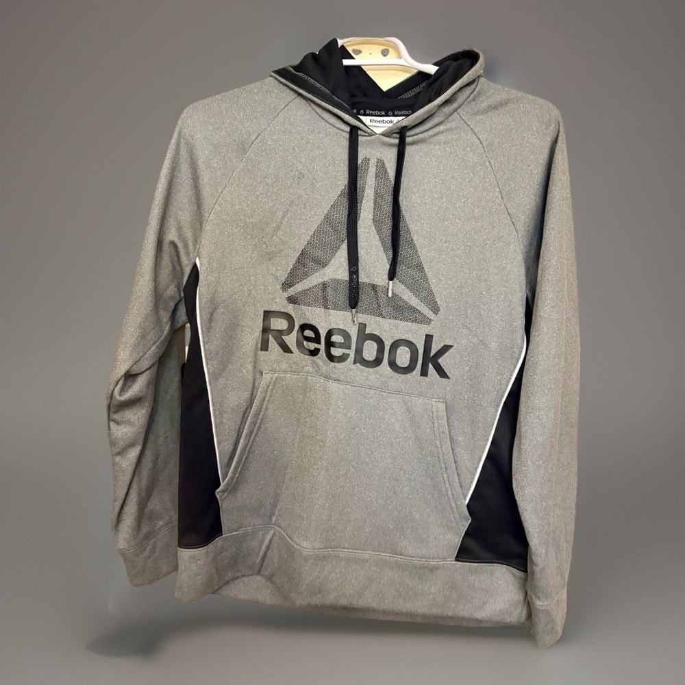 Reebok Sweatshirt Size Large Mens Hoodie Gray/Black Delta CVC Knit Fleece Logo